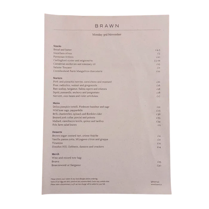 Brawn Menu, 3 November 2025