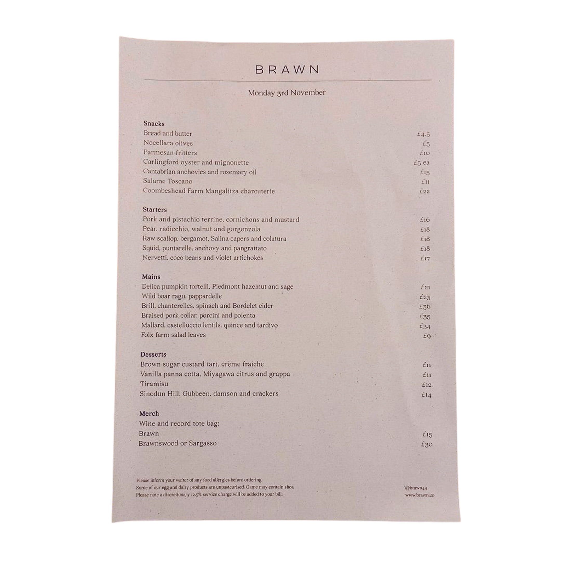 Brawn Menu, 3 November 2025